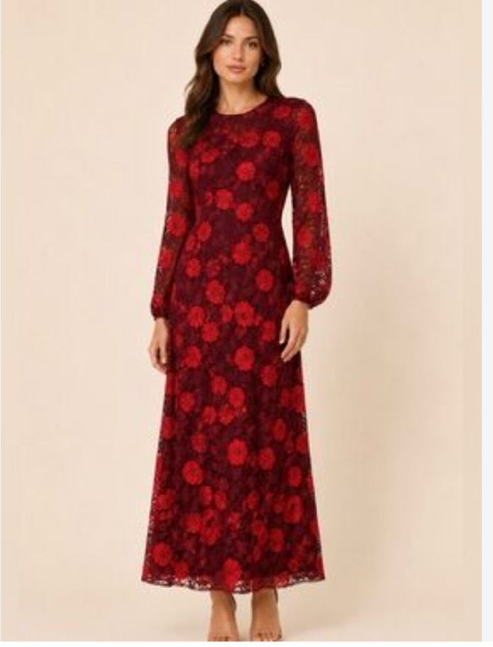 Monique Lhuillier Charley Red and Burgundy Floral Long Sleeve Gown 4